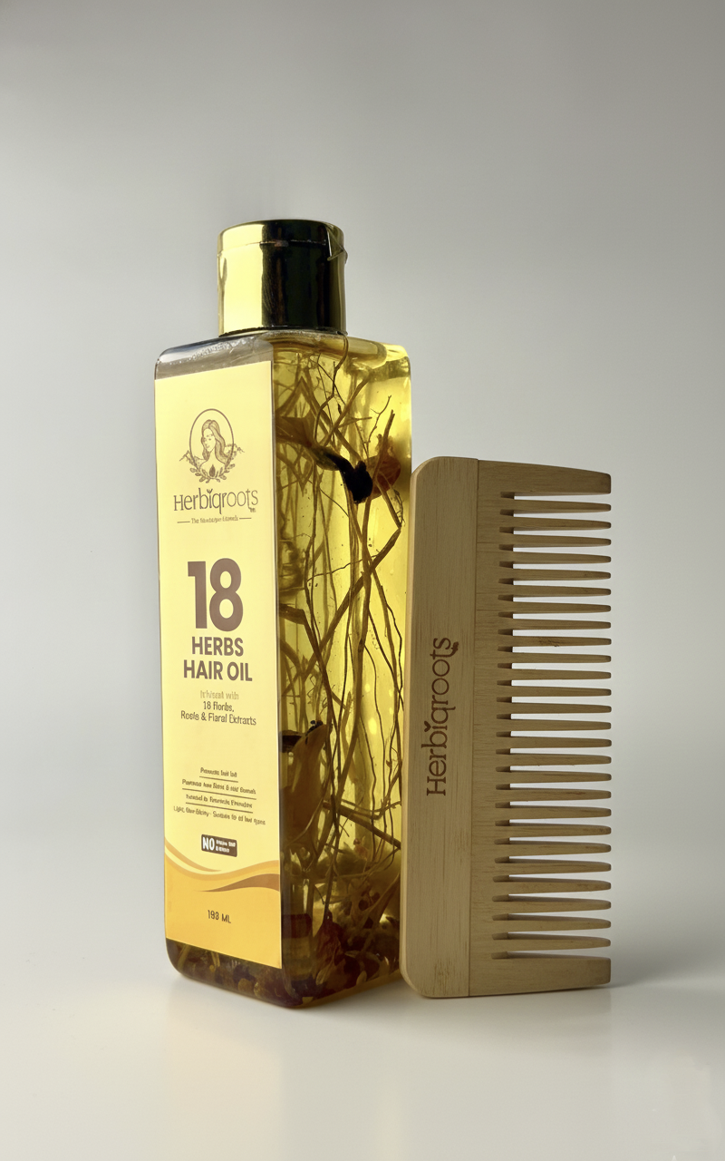 HerbiqRoots hair oil with wooden comb for scalp care and hair growth